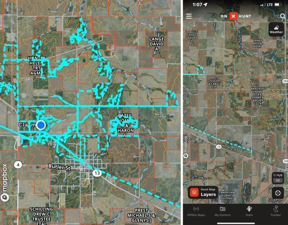 Justin Maynard has been using a hunting app to search for his missing half-sister, Brittany Moeser. Turquoise shading at left shows areas he has covered on foot or ATV. The map at right shows the region he thinks still needs to be searched between County Road 12 and Illinois 153.