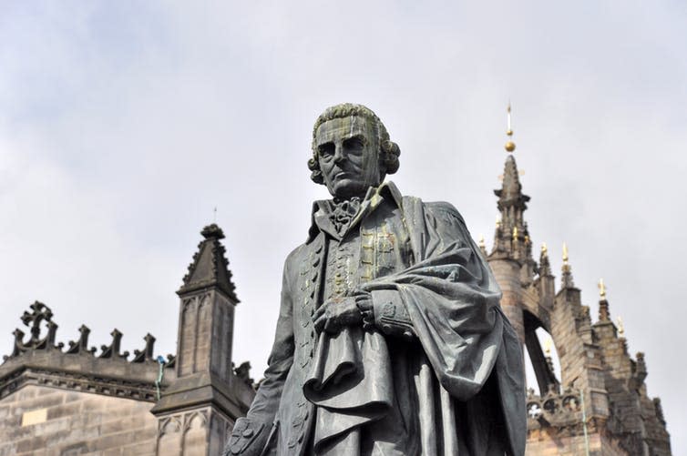 <span class="caption">The ‘father of capitalism’ Adam Smith, 1723-1790.</span> <span class="attribution"><a class="link " href="https://www.shutterstock.com/image-photo/statue-adam-smith-edinburgh-front-stgiles-689526940?src=YYAFR4eHwVwauhFgsptb7Q-1-0&studio=1" rel="nofollow noopener" target="_blank" data-ylk="slk:Matt Ledwinka/Shutterstock.com;elm:context_link;itc:0;sec:content-canvas">Matt Ledwinka/Shutterstock.com</a></span>