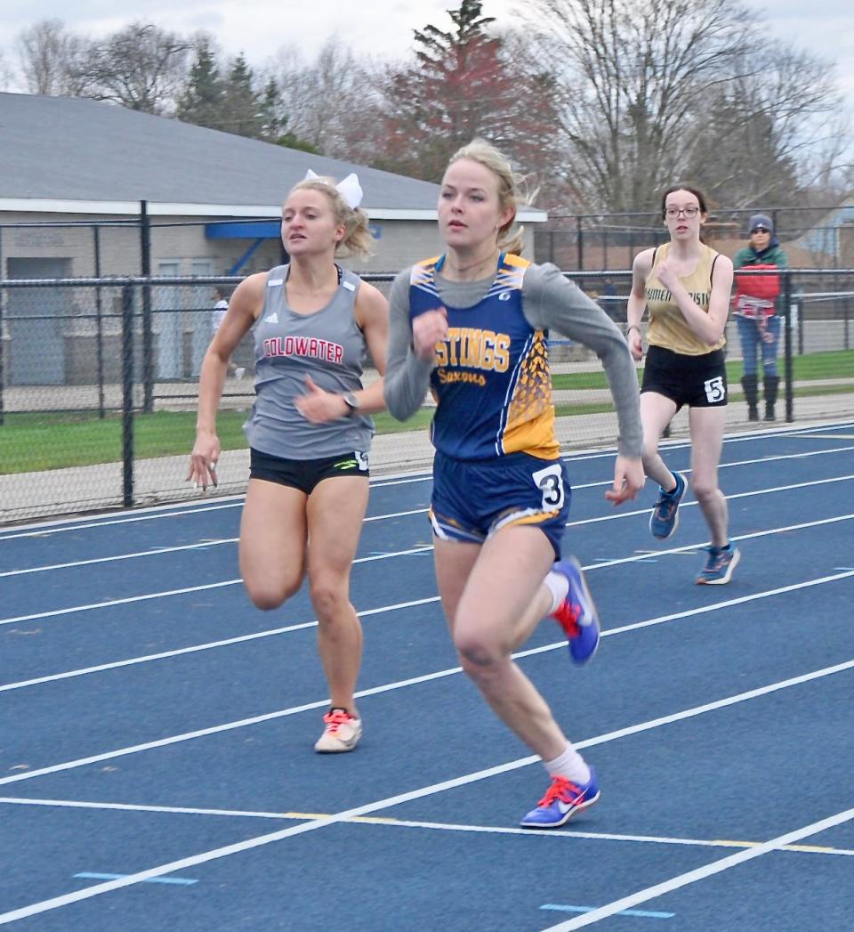 Coldwater's Sarah Forrister was a force on the track for the Cardinals this season, excelling at the sprints throughout the year. Here Forrister is shown running the 100 meter dash at the I-8 Conference Meet