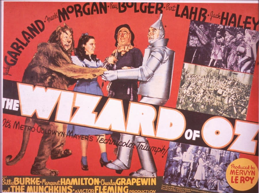 A lobby card from the film ‘The Wizard Of Oz,’ shows an illustration of American actors Bert Lahr (1895 – 1967), Judy Garland (1922 – 1969), Ray Bolger (1904 – 1987), and Jack Haley (1898_ 1979), in costume as, respectively, the Cowardly Lion, Dorothy, the scarecrow, and the Tin Man, 1939. Several scenes from the film, which was directed by Victor Fleming, are also visible. (Photo by Hulton Archive/Getty Images)