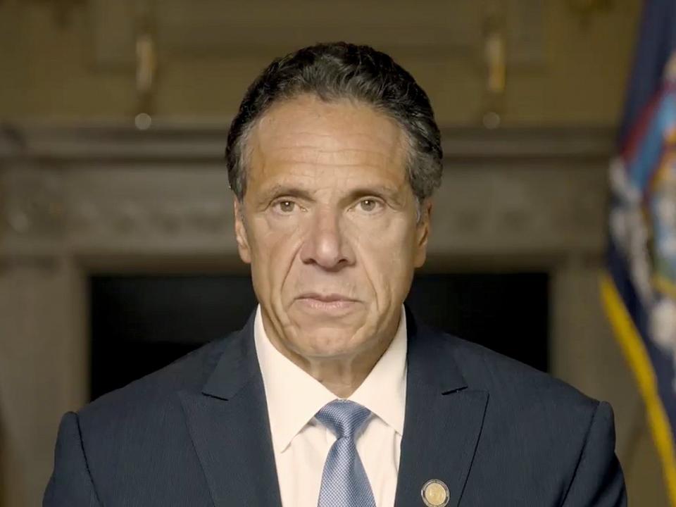 Andrew Cuomo makes a statement on a pre-recorded video released, Tuesday3 August 2021, in New York (AP)