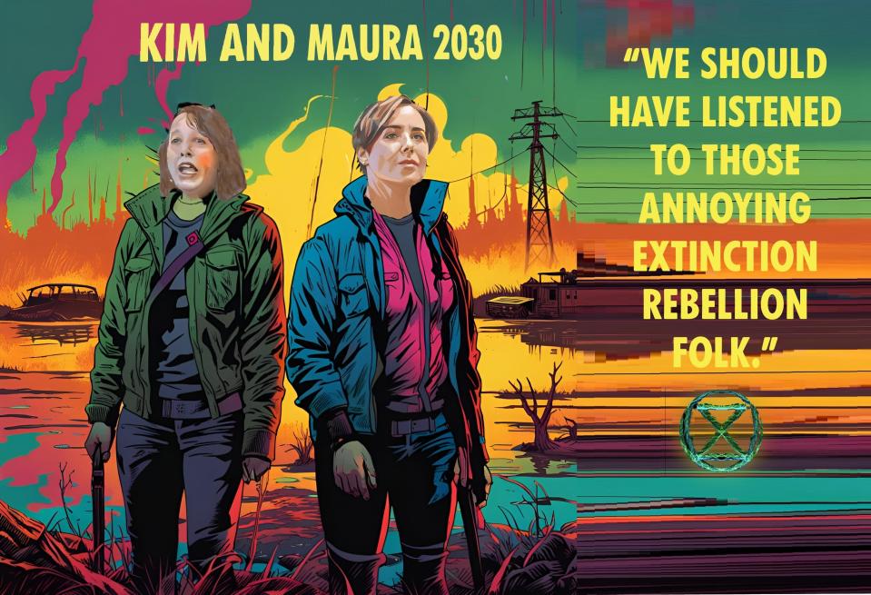 Members of the climate advocacy group Extinction Rebellion design postcards to send to state leaders, urging increased environmental protections.