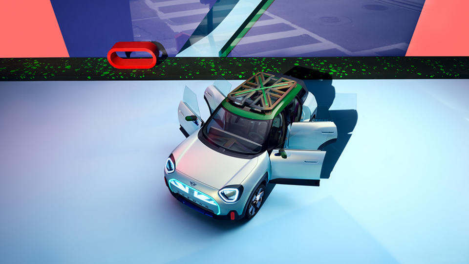 The Mini Concept Aceman EV from above with its doors open