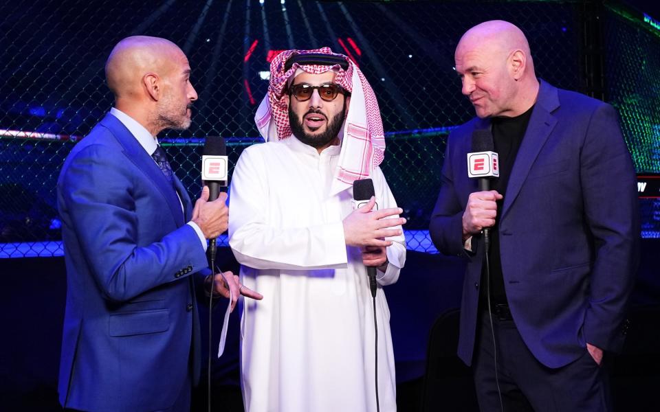 Jon Anik, Turki Alalshikh and UFC CEO Dana White