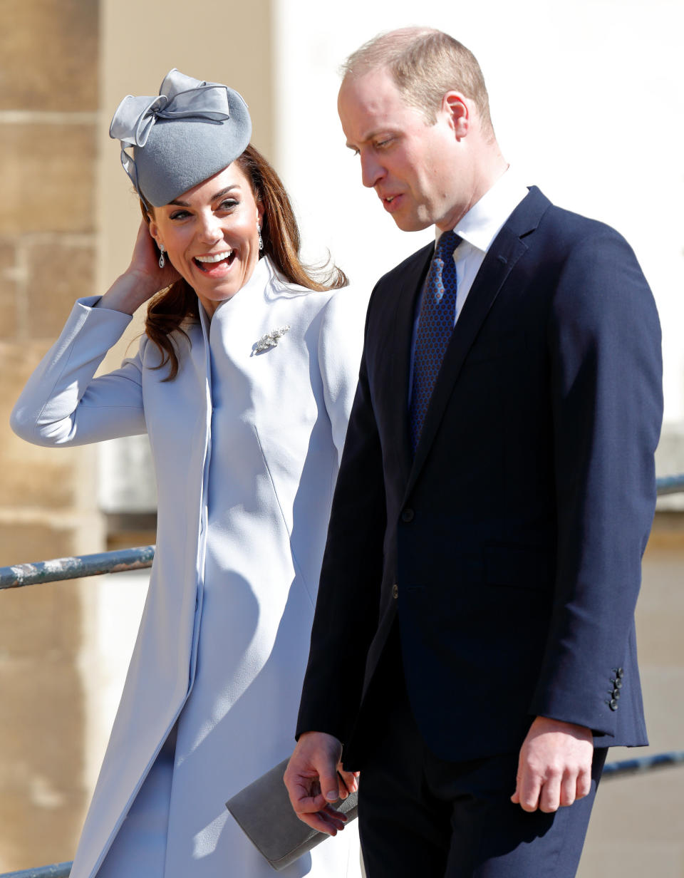 WINDSOR, UNITED KINGDOM - APRIL 21: (EMBARGOED FOR PUBLICATION IN UK NEWSPAPERS UNTIL 24 HOURS AFTER CREATE DATE AND TIME) Catherine, Duchess of Cambridge and Prince William, Duke of Cambridge attend the traditional Easter Sunday church service at St George's Chapel, Windsor Castle on April 21, 2019 in Windsor, England. Easter Sunday this year coincides with Queen Elizabeth II's 93rd birthday. (Photo by Max Mumby/Indigo/Getty Images)