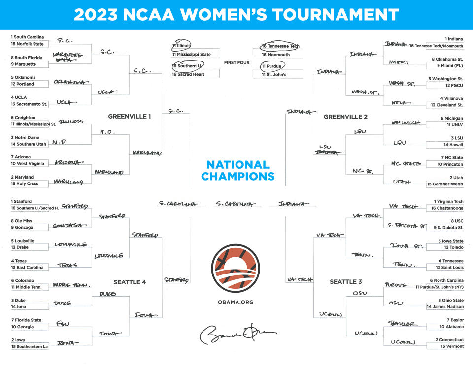 Barack Obama's 2023 women's March Madness bracket. (Via the Obama Foundation)