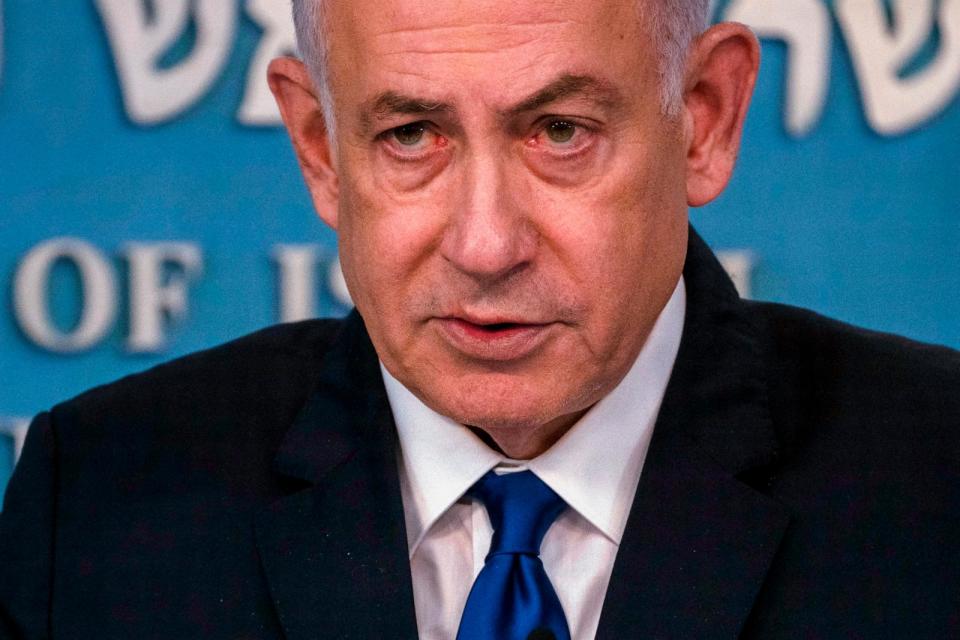 PHOTO: Israeli Prime Minister Benjamin Netanyahu speaks during a press conference in Jerusalem, Mar. 17, 2024. (Leo Correa/POOL/AFP via Getty Images)