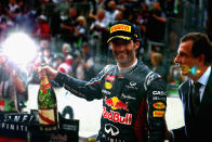 Mark Webber of Australia and Red Bull Racing celebrates winning the Monaco Formula One Grand Prix at the Circuit de Monaco on May 27, 2012 in Monte Carlo, Monaco. (Clive Mason/Getty Images)