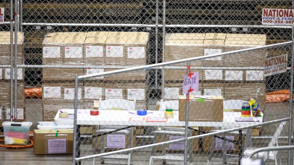 PHOTO: Ballots from the 2020 general election wait to be counted at Veterans Memorial Coliseum on May 1, 2021 in Phoenix. (Courtney Pedroza/Getty Images, FILE)