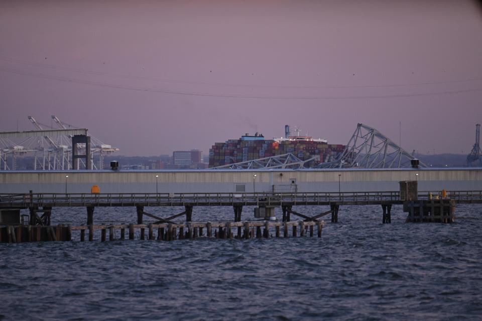 The collapsed Francis Scott Key Bridge in Baltimore after being struck by a container ship.