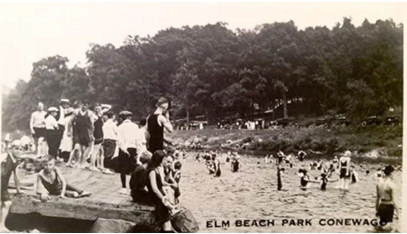 Swimmers enjoy the cement slab beach at Elm Beach, a swimming hole on the north side of the Conewago between Manchester to the creek’s south and York Haven to its north. Many swimmers arrived via a trolley that crossed the creek on a trestle to the west of the swimming hole.