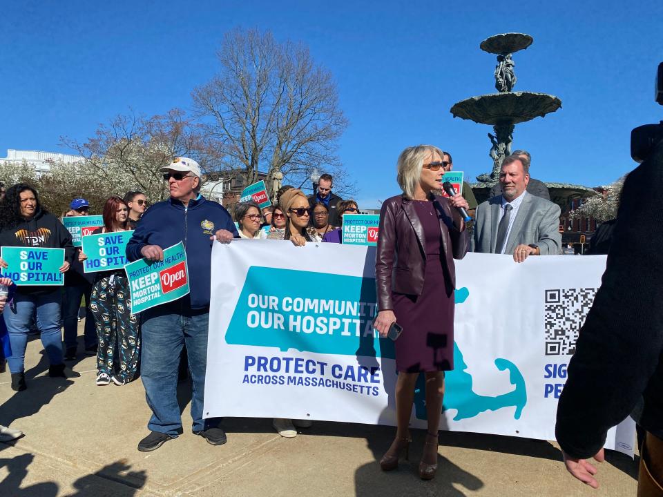 Taunton Mayor Shaunna O'Connell speaks at the community rally in support of Morton Hospital on the Taunton Green on Tuesday, April 23, 2024.