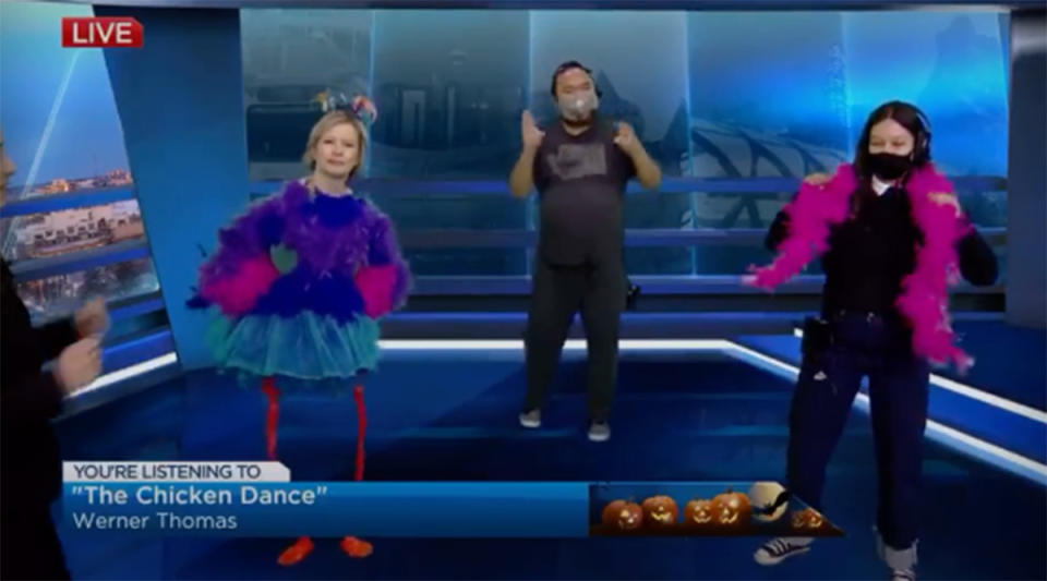 Calgary weather presenter's bizarre bird Halloween costume. Photo: Global News Calgary.