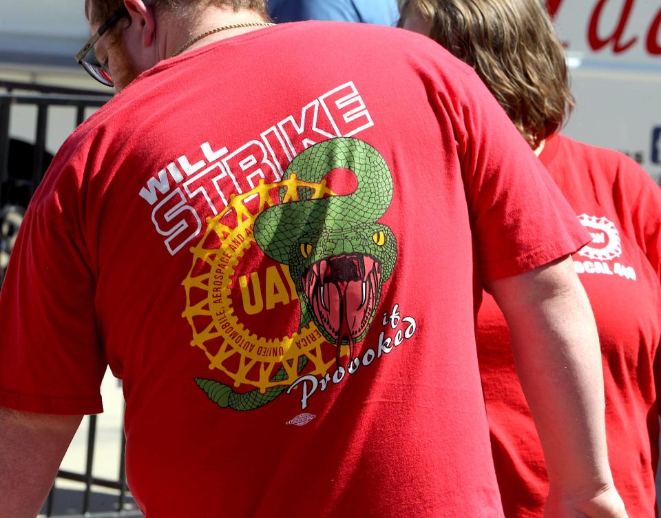 A UAW Local 440 member's shirt at a gathering of UAW 440 members in Harp Commons Sunday, Sept. 24, 2023.