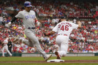 Chicago Cubs' Seiya Suzuki grounds out as St. Louis Cardinals first baseman Paul Goldschmidt (46) handles the throw during the sixth inning of a baseball game Sunday, Sept. 4, 2022, in St. Louis. (AP Photo/Jeff Roberson)