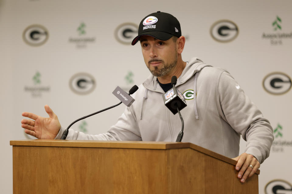 Green Bay Packers head coach Matt LaFleur speaks during a news conference after an NFL football game against the Detroit Lions, Thursday, Sept. 28, 2023, in Green Bay, Wis. The Lions won 34-20. (AP Photo/Mike Roemer)