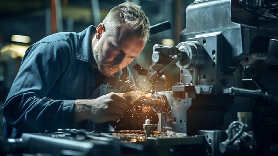 A skilled machinist operating a precision lathe for the company's manufacturing components.