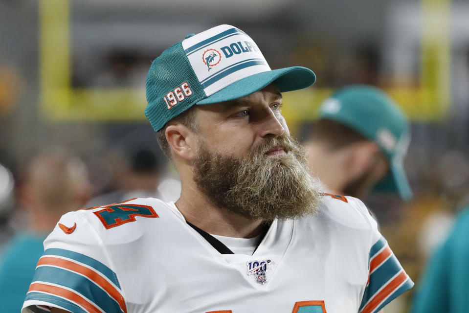 Miami Dolphins quarterback Ryan Fitzpatrick stands on the sideline during the first half of an NFL football game against the Pittsburgh Steelers in Pittsburgh, Monday, Oct. 28, 2019. (AP Photo/Don Wright)