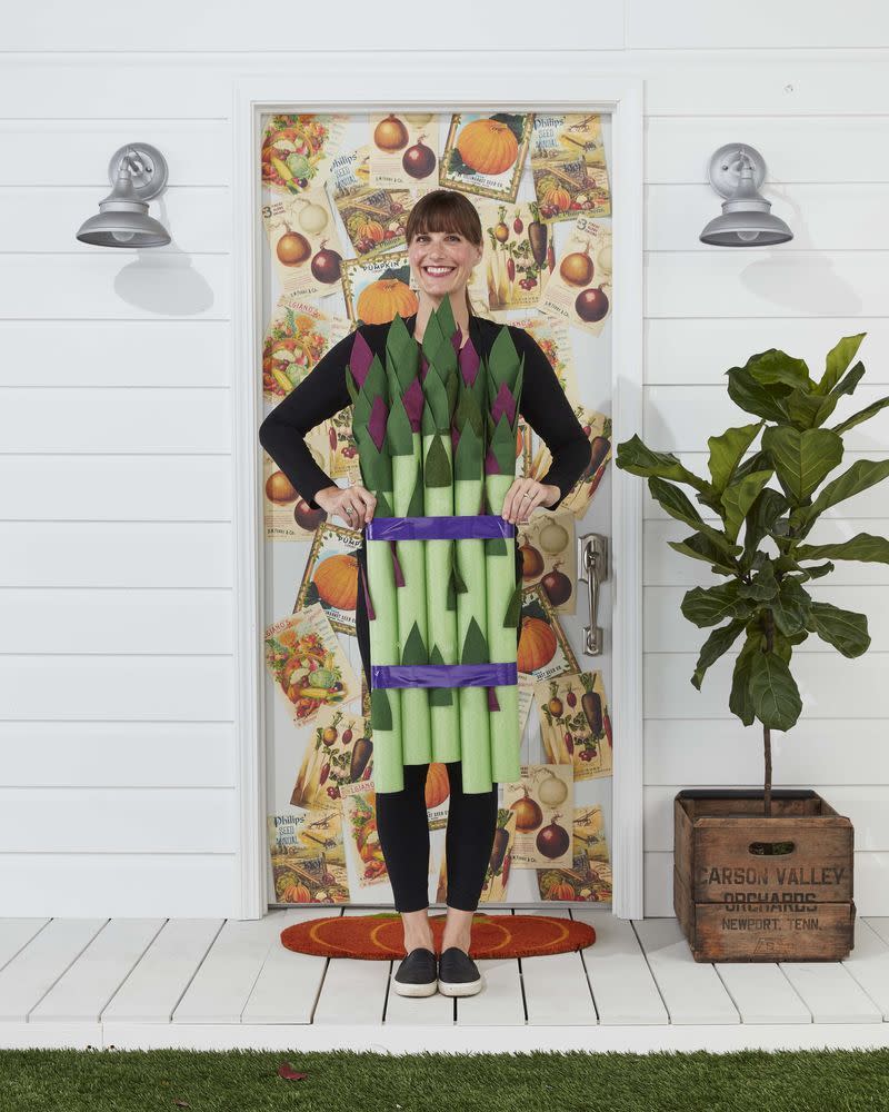 <p>Serve up a little of your favorite vegetable in costume form!</p><p><strong>Make the Costume:</strong> Gather five lime green pool noodles. Cut leaves from purple and green felt (see template); you will need 10 to 12 for each stalk. Adhere to noodles, concentrating them at the top, with spray adhesive. Bundle pool noodles with purple duct tape. Tape a pair of suspenders to the back of the noodles and drape over shoulders.</p><p><a class="link " href="https://www.amazon.com/Oodles-Noodles-Deluxe-Foam-Pool/dp/B0787CFRDM/ref=sr_1_1_sspa?tag=syn-yahoo-20&ascsubtag=%5Bartid%7C10050.g.23785711%5Bsrc%7Cyahoo-us" rel="nofollow noopener" target="_blank" data-ylk="slk:SHOP POOL NOODLES;elm:context_link;itc:0;sec:content-canvas">SHOP POOL NOODLES</a></p>