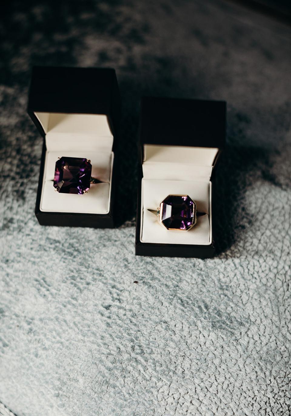 The couple’s matching custom Mardi Gras rings were fun accessories designed by Kyle Chan that they wore in addition to their wedding rings.