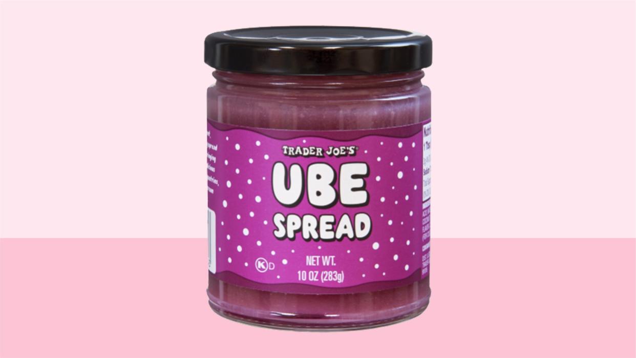 Trader Joe's Ube spread jar on a pink background