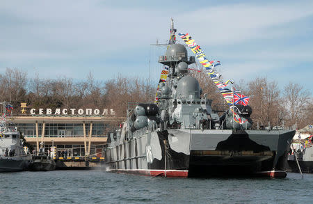 A view of a Russian warship during celebrations of the Defender of the Fatherland Day in Sevastopol, Crimea, February 23, 2016. REUTERS/Pavel Rebrov/File Photo