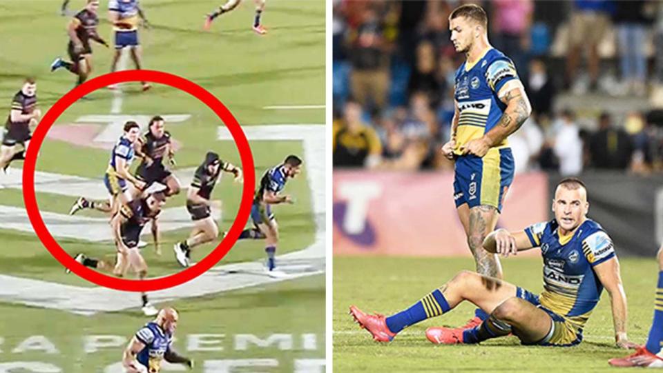 The Parramatta Eels (pictured right) looking dejected and (pictured right) Mitchell Moses being taken out of play.