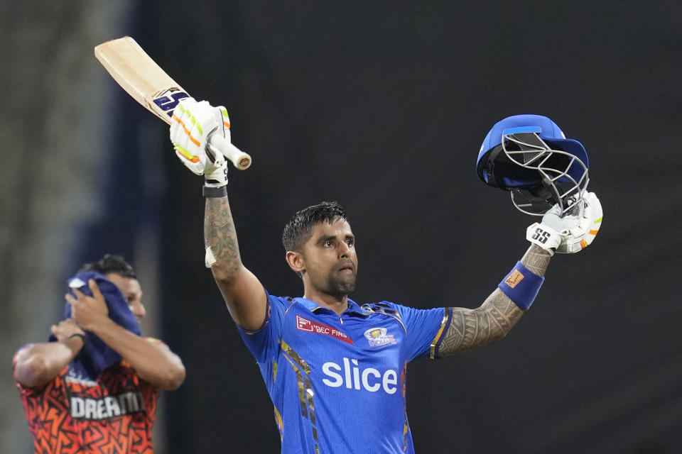 Mumbai Indians' Suryakumar Yadav celebrates his hundred runs during the Indian Premier League cricket match between Mumbai Indians and Sunrisers Hyderabad in Mumbai, India, Monday, May 6, 2024. (AP Photo/Rajanish Kakade)