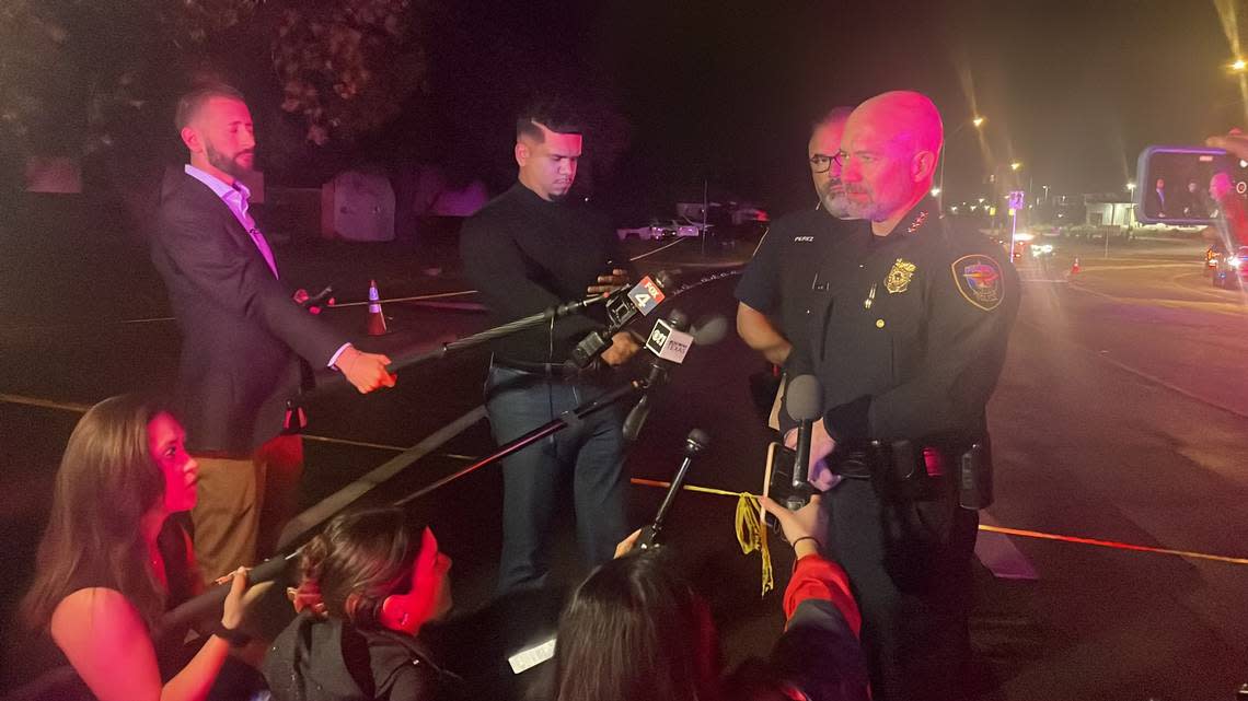 Fort Worth Police Chief Neil Noakes speaks to reporters near the scene of a drive-by shooting that wounded six people outside apartments on Las Vegas Trail in west Fort Worth on Wednesday night, May 1, 2024. The youngest victim is 3 years old and the oldest is 19. Nicole Lopez/nlopez@star-telegram.com