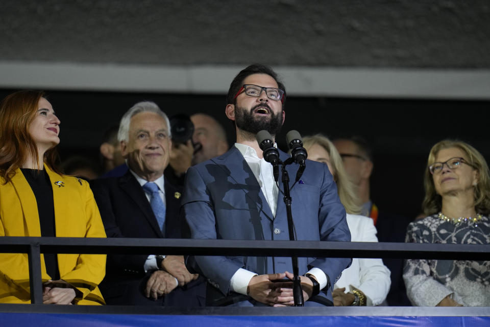 Chile's President Gabriel Boric speaks during the opening ceremony of the Pan American Games at the National Stadium in Santiago, Chile, Friday, Oct. 20, 2023. (AP Photo/Fernando Vergara)