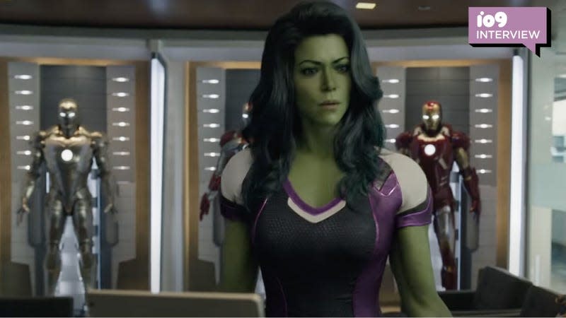 She-Hulk next to Iron Man suits