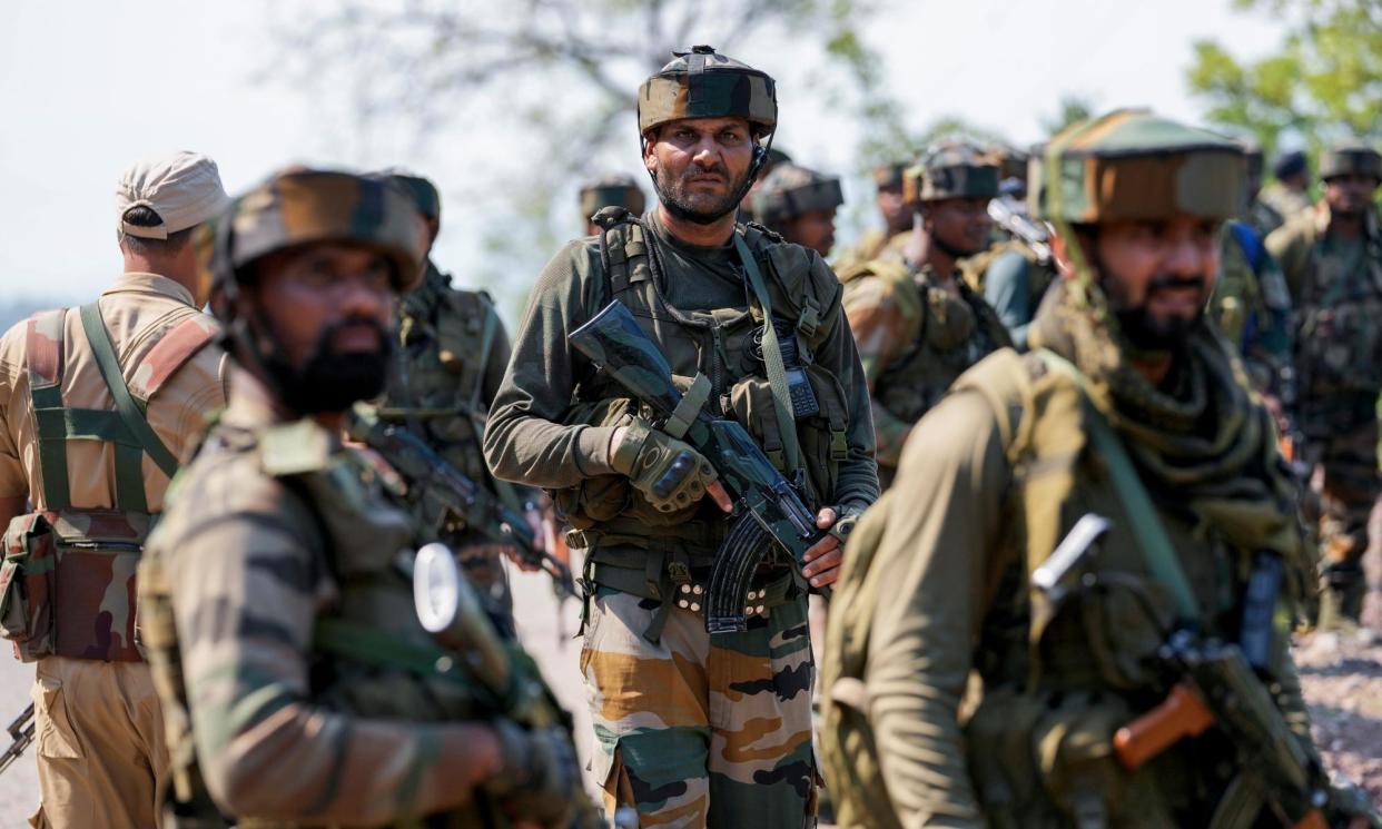 <span>Indian soldiers on patrol in the Reasi district of Kashmir, where militants attacked a bus on June 2024. </span><span>Photograph: Channi Anand/AP</span>