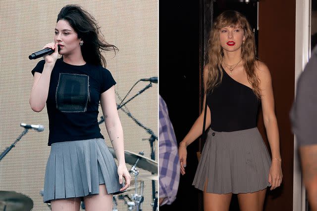 <p>Getty;WavyPeter / SplashNews.com</p> Gracie Abrams and Taylor Swift wearing a Sandy Liang skort