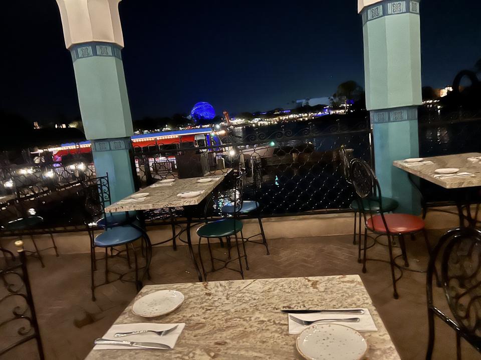 From the Spice Road Table patio, Spaceship Earth and World Showcase Lagoon are on full display.  (Photo: Terri Peters)