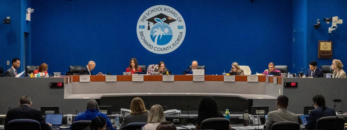 The Broward County School Board meets after newly appointed Broward County School Board Member Daniel P. Foganholi, second from right, was sworn in during a special ceremony at the Kathleen C. Wright Administration Center in Fort Lauderdale on Jan. 18, 2023.