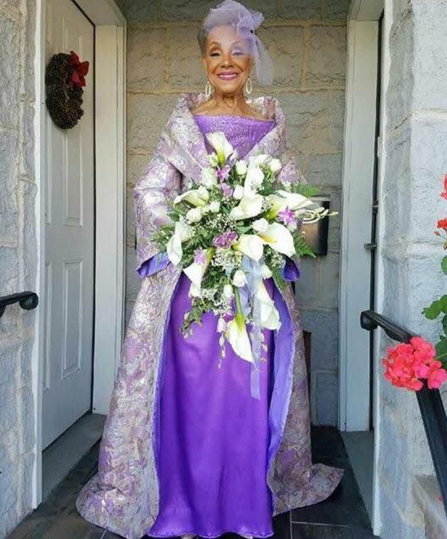 Forget white, it was all about an explosion of colour for excited bride Millie. Photo: Facebook: Angela Denise Allen Simms