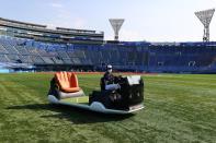 The bullpen cart is seen at Yokohama Baseball Stadium during the Tokyo 2020 Olympic Games