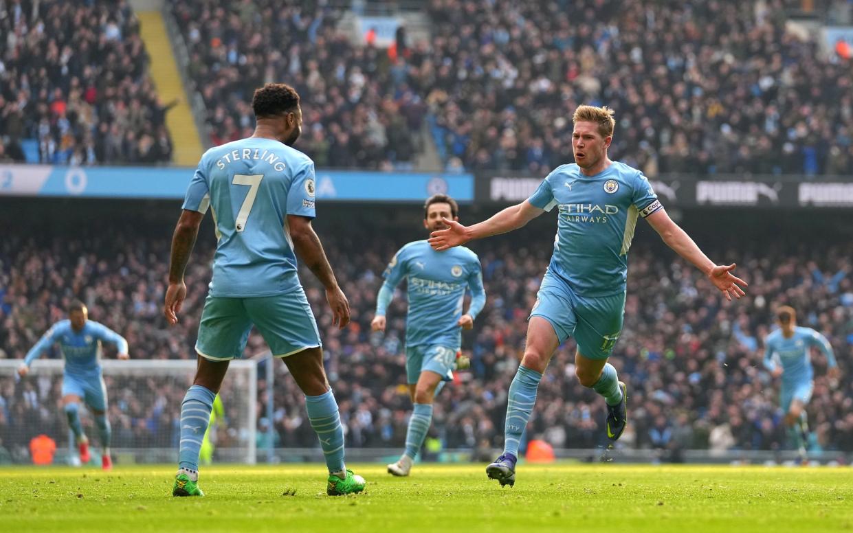 Kevin De Bruyne celebrates with teammate Raheem Sterling after scoring Manchester City's first goal - Matt McNulty - Manchester City/Manchester City FC via Getty Images