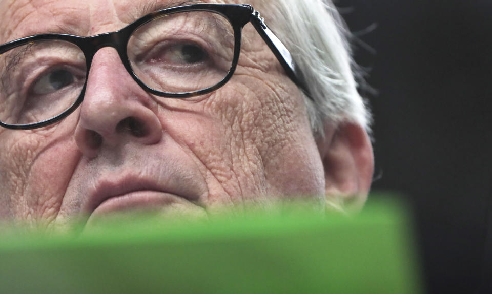 European Commission President Jean-Claude Juncker pauses before speaking during a media conference at the end of an EU summit in Brussels, Friday, June 21, 2019. EU leaders concluded a two-day summit on Friday in which they discussed, among other issues, the euro-area. (AP Photo/Virginia Mayo)