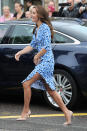 <p>For another mental health engagement, the Duchess opted for a colourful vibe in a polka-dot Altuzarra dress featuring a risqué thigh-high split. </p><p><i>[Photo: Getty] </i><br></p>