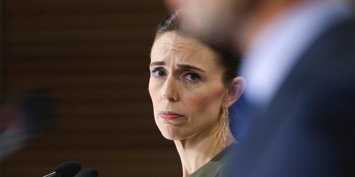 Prime Minister Jacinda Ardern looks on during a press conference at Parliament on April 07, 2020 in Wellington, New Zealand.