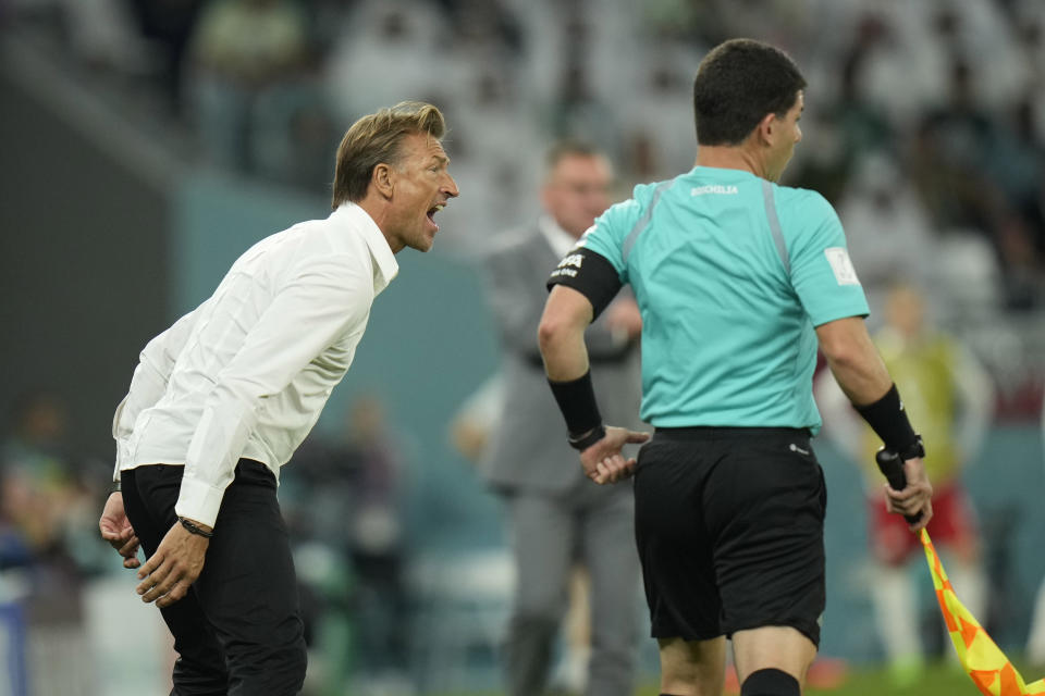 Saudi Arabia's head coach Herve Renard shouts out as gives instructions from the side line during the World Cup group C soccer match between Poland and Saudi Arabia, at the Education City Stadium in Al Rayyan , Qatar, Saturday, Nov. 26, 2022. (AP Photo/Francisco Seco)