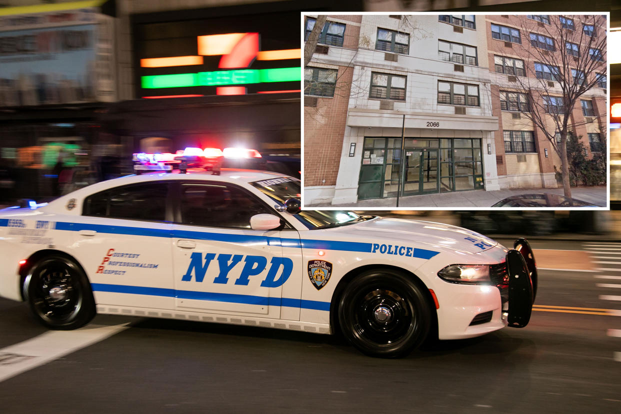 NYPD car, main. Apartment building, inset.