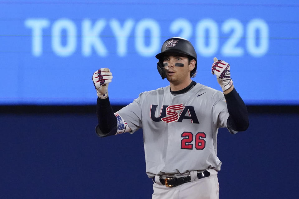 United States' Triston Casas gestures after hitting a double in the seventh inning of a baseball game against Japan at the 2020 Summer Olympics, Monday, Aug. 2, 2021, in Yokohama, Japan. (AP Photo/Sue Ogrocki)