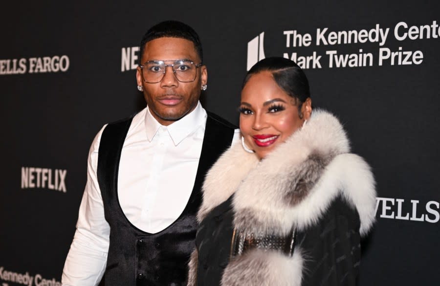 Rapper Nelly and singer-songwriter Ashanti arrive for the 25th Annual Mark Twain Prize For American Humor at the John F. Kennedy Center for the Performing Arts in Washington, D.C., on March 24, 2024. (Photo by Roberto Schmidt/AFP via Getty Images)