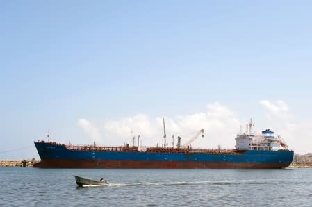Fuel ship anchored is seen in the seaport of Benghazi