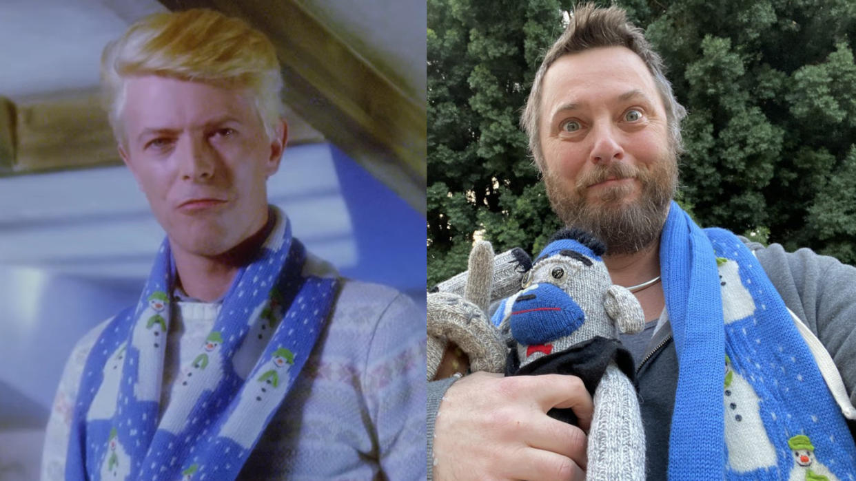 David Bowie's son, filmmaker Duncan Jones, now owns the scarf his father wore in 'The Snowman'. (Credit: Channel 4/Duncan Jones/Twitter)