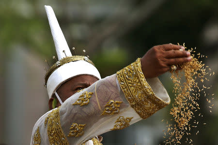 Arnan Suwannarat, permanent secretary of the Thai Ministry of Agriculture and Cooperatives, dressed in a traditional costume, throws rice grains during the annual Royal Ploughing Ceremony in central Bangkok, Thailand, May 9, 2019. REUTERS/Athit Perawongmetha