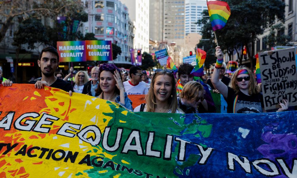 Protestors march through the Sydney CBD calling for marriage equality on 6 August 2017.