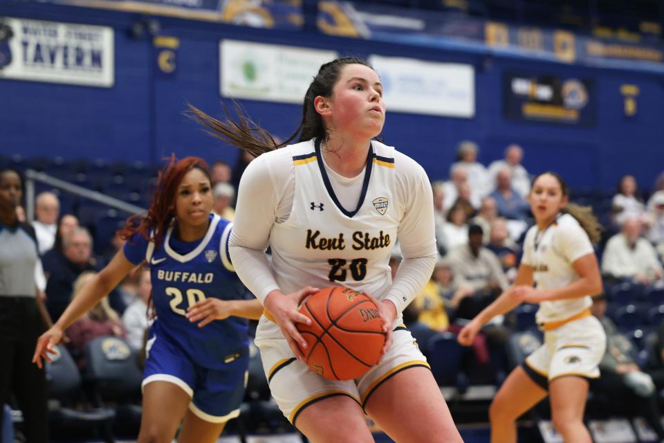 Kent State guard Clare Kelly under the basket during the second half of an NCAA basketball game against the University of Buffalo, Wednesday, Jan. 4, 2022 in Kent, OH.